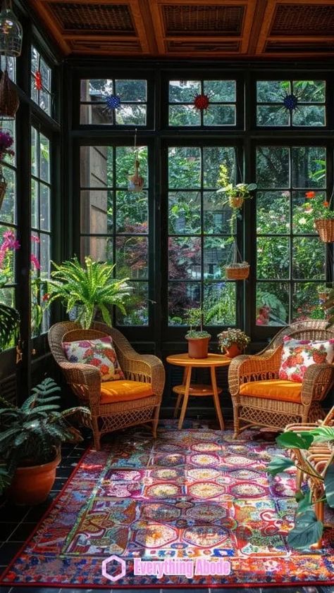 26+ Stunning Sunny Sunroom Ideas That'll Make Your Heart Swoon - Everything Abode Whimsigoth Sunroom, Solarium Room Bohemian, Sun Room Small Apartment, Maximalist Sunroom, Dark Sunroom, Sunroom Decorating Ideas Bohemian, Moody Sunroom, Sunroom Decorating Ideas Indoor, Colorful Sunroom