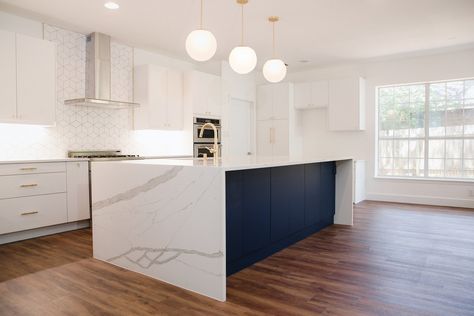 Waterfall Edges- The Pros and Cons of Choosing a Waterfall Countertop Edge - Skelly Build Waterfall Edge Island, Waterfall Island Kitchen, Waterfall Countertop, Wall Removal, Load Bearing Wall, Condo Kitchen, Bright Kitchens, Simple Kitchen, Kitchen Inspiration Design