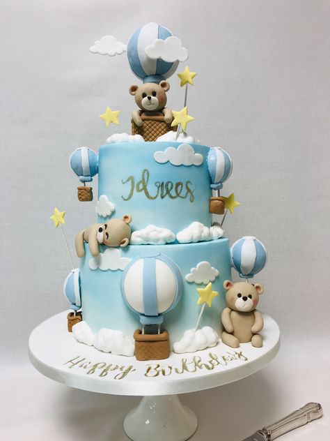 2 tier Teddy Bear & Hot Air Balloon theme 1st birthday cake 2 Tier Bear Cake, Cake Hot Air Balloon Theme, Two Tier Teddy Bear Cake, 1st Birthday Hot Air Balloon Theme, 1birthday Cake Boy, 2 Tier Birthday Cake Boy, Hotairballoon Cake, Teddy Bear Hot Air Balloon Theme, Hot Air Balloon Theme Cake