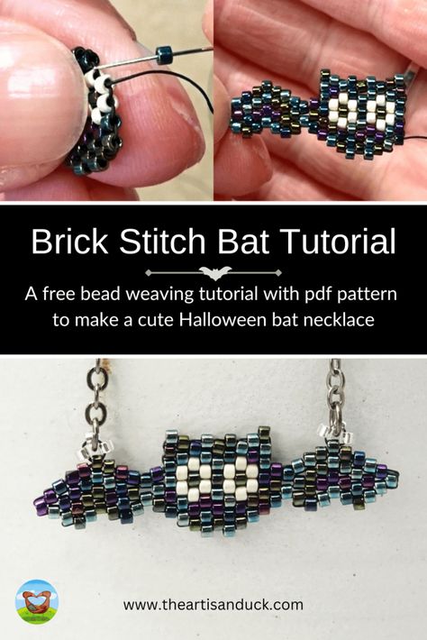 Bat Bead Pattern, Beaded Earrings Tutorials Free Pattern, Halloween Beaded Jewelry Diy, Brick Stitch Necklace, Bead Art Patterns, Beaded Bat, Halloween Beading, Brick Stitch Tutorial, Halloween Beaded Jewelry