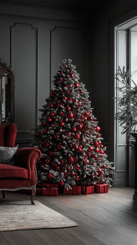 Elegant Christmas tree decorated with red ornaments in a dark, luxurious living room. Cozy Iphone Wallpaper, Winter Backgrounds Iphone, Christmas Phone Wallpapers, Winter Wallpapers, Cozy Cabins, Xmas Wallpaper, Dark Christmas, Elegant Christmas Trees, Magical Winter