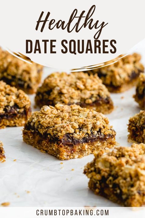 Close up side view of a date square on a sheet of parchment paper. Healthy Date Squares, Quinoa Flakes, Date Squares, Square Recipes, Date Recipes, Oat Bars, Vegan Dessert Recipes, Vegan Sweets, Healthy Baking