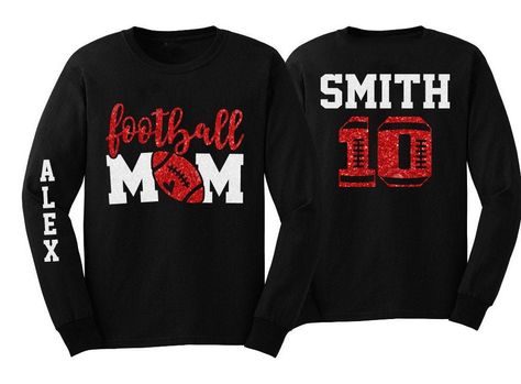 Football Mom Shirt | Glitter Football Long Sleeve Shirt | Football Bling | Football Spirit Wear | Customize Team and Colors PLEASE READ BEFORE ORDERING WE CANNOT RUSH ORDERS OR CREATE NEW DESIGNS DURING PEAK SEASON AUG - MAY. IF YOU NEED TO CANCEL PLEASE DO SO WITHIN 24HRS Please read full description before ordering we cannot be responsible for mistakes made by not reading the full description. ORDERING INSTRUCTIONS: 1. Select your Garment Size/Color Each size must be selected separately. Pleas Mom And Son Shirts, Football Spirit, Football Shirt Designs, Senior Football, Sassy Shirts, Sports Mom Shirts, Baseball Tee Shirts, Football Mom Shirts, Dance Shirts