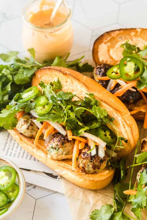 Chicken Meatball Banh Mi Chicken Bahn Mi Sandwich, Weekly Menu Ideas, Pickled Daikon And Carrots, Pickled Carrots And Daikon, Banh Mi Sandwich Recipe, Chicken Banh Mi, Meatball Hoagie, Vietnamese Meatballs, Thai Chicken Meatballs