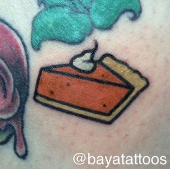 Bloglovin (55) Funny Food Tattoos, Thanksgiving Tattoo Ideas, Pie Tattoo Simple, Pumpkin Pie Tattoo, Pie Tattoo, Traditional Tattoo Halloween, Cute Halloween Tattoos, Tattoo Party, Funny Tattoo