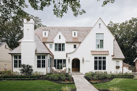 Latest Project 4 — Patrick J Murphy Builders, Inc. White Brick House, French Style Architecture, Cedar Shake Roof, Transitional Exterior, Shake Roof, Copper Gutters, Cedar Roof, Beautiful Home Designs, Tudor House