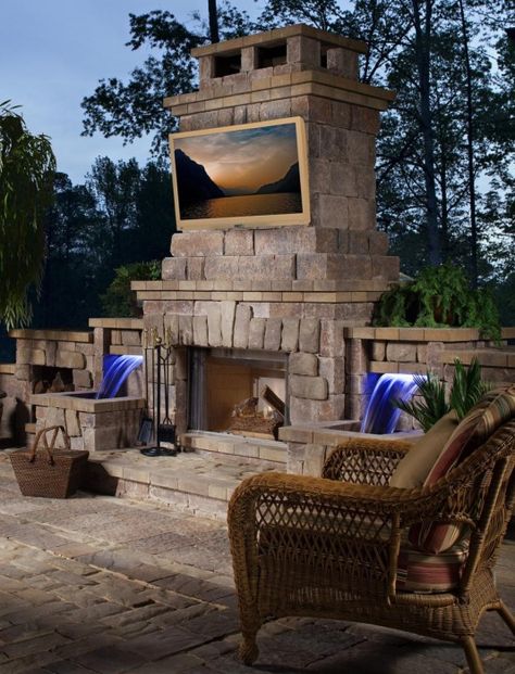 Outdoor Fireplace With Tv, Backyard Builds, Outdoor Television, Fireplace With Tv, Roast Marshmallows, Backyard Creations, Outside Fireplace, Outdoor Fireplace Designs, Backyard Buildings