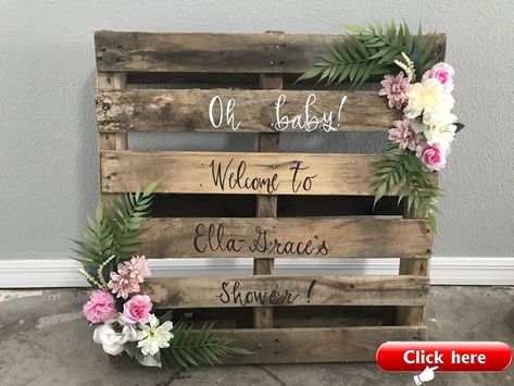 Beautiful rustic pallet we made for our Granddaughters Ella-Grace baby shower Pallet Bridal Shower Decor, Baby Shower Pallet Ideas, Rustic Baby Shower Ideas For Girls Decor, Rustic Baby Shower Ideas Girl, Rustic Baby Girl Shower Ideas, Pallet Baby Shower Decor, Diy Boho Baby Shower Decor, Rustic Boy Baby Shower Ideas, Baby Girl Woodland Shower Ideas