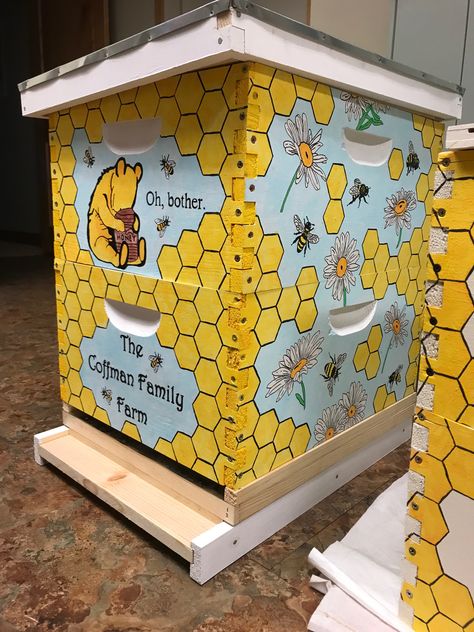 Painted Bee Box, Painted Bee Hive, Painted Box, Bees, Daisy, Winnie The Pooh, Honey, Beehive, Beehives Painted Bee Hives, Bee Hives Boxes, Pollinator Garden Design, Flow Hive, Bee Hive Plans, Beehive Design, Backyard Bee, Winnie The Pooh Honey, Backyard Beekeeping