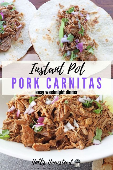 Mexican pulled pork or pork carnitas made in the instant pot served on flour tortillas topped with purple onion and fresh cilantro. Pork Shoulder Pressure Cooker, Pork Shoulder Picnic Roast, Pork Shoulder Picnic, Instant Pot Pork Carnitas, Pulled Pork Carnitas, Pork Picnic, Picnic Roast, Cooking Pork Roast, Mexican Pulled Pork