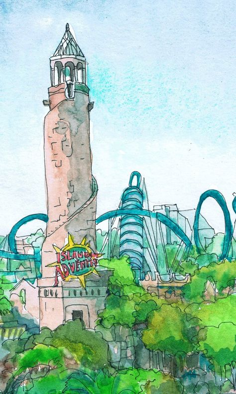 Island of Adventure Universal studios Art Print Wizarding | Etsy Universal Studios Drawing, Universal Studios Scrapbook, Orlando Illustration, Universal Studios Hollywood Map, Watercolor Hogwarts Castle, June Bujo, Island Of Adventure, Orlando Skyline, Colorado National Parks