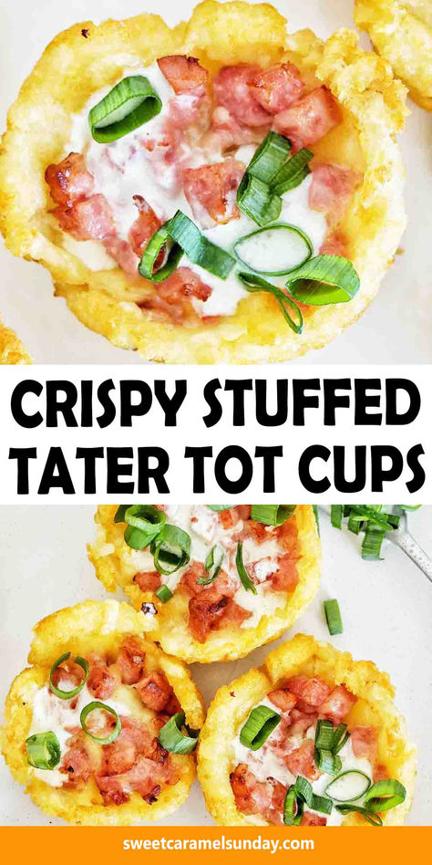 Stuffed tater tot cups on white plate with text written between 2 images. Tater Tot Cups, Tater Tot Appetizers, Loaded Tater Tot, Frozen Tater Tots, Popular Appetizers, Sunday Recipes, Blogger Photos, Cheesy Bacon, Game Day Snacks