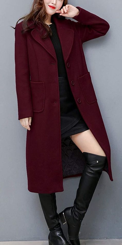 Product: chouyatou Women's Big Notch Lapel Single Breasted Mid-Long Wool Blend Coat Color Code: Wine Red Product: Chouyatou Photo Chouyatou Black Dress Coat, Denim Trench Coat, Mens Winter Coat, Wool Blend Coat, Light Sweater, Jacket Brands, Fall Trends, Wine Red, Long Coat