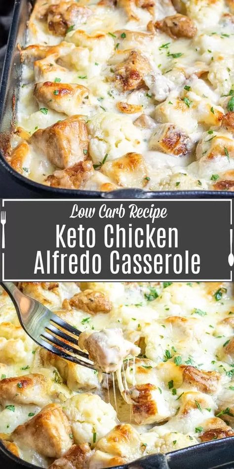 Keto Chicken Alfredo Casserole is an easy, cheesy low carb meal packed full of chicken, cheese, and cauliflower. It's the perfect keto dinner solution for feeding the whole family.   Use shredded rotisserie chicken or make your own, add it to steamed cauliflower and cover with a homemade keto alfredo sauce and more cheese. It's an easy keto dinner idea that everyone will love. #ketorecipe #ketodiet #keto #lowcarb #chicken #cheese Keto Chicken Alfredo Casserole, Keto Chicken Alfredo, Keto Alfredo, Alfredo Casserole, Keto Alfredo Sauce, Chicken Alfredo Casserole, Low Carb Meal, Rotisserie Chicken Recipes, Low Carb Diet Recipes