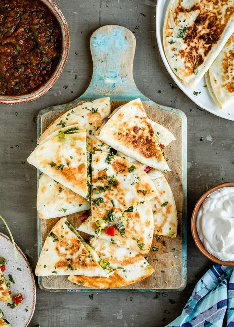 Veggie & Pepper Jack Quesadillas with Cilantro-Lime Pesto - Hello Veggie Vegetarian Quesadilla Recipes, Vegetarian Quesadillas Recipes, Veggie Quesadilla, Pepper Pesto, Vegetarian Quesadilla, Ham And Potato Soup, Slow Cooker Ham, Quesadilla Recipes, Pepper Jack