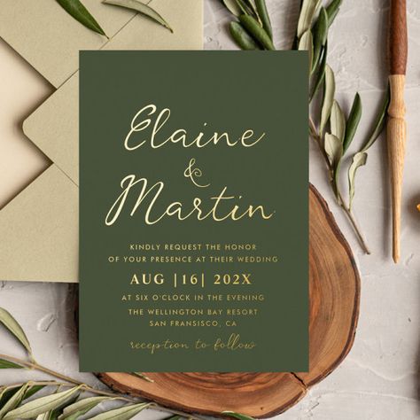 olive green gold script wedding foil invitation #Invitation #card #template #design #pinterestquotes #pinterestideas #pinterestmom #pinterestwedding #aesthetic #love #art #pinterestsuccess Wedding Colors Olive Green And Gold, Green Wedding Invitations Zazzle, Green And Yellow Wedding Invitations, Olive And Tan Wedding, Gold And Olive Green Wedding, Wedding Invitations Green And Gold, Jade Green Wedding Theme, Olive Green Wedding Invitations, Olive Green And Champagne Wedding