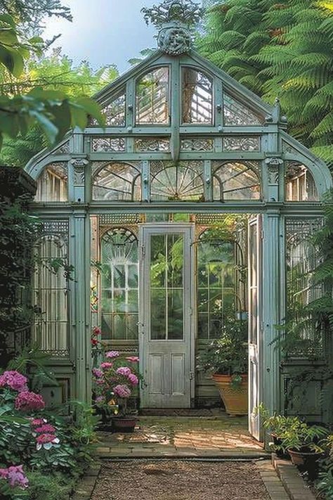 Victorian Greenhouse Conservatory, Dirt Therapy, Storybook Gardens, Victorian Greenhouses, Victorian Greenhouse, Outdoor Greenhouse, Greenhouse Ideas, Home Greenhouse, Wooden Greenhouses