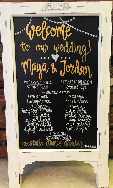 Wedding party chalkboard & welcome sign Bridal Party Signage, Meet Our Bridal Party Sign, Wedding Chalk Art, Chalkboard Welcome Sign, Wedding Party List, Guest Book Signage, Roman Wedding, Chalkboard Welcome, Bridal Party Sign