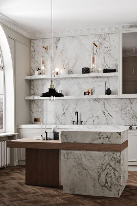 Art Deco meets modern Scandi in this Swedish kitchen Floating Kitchen Island, Art Deco Kitchen Design, White Kitchen Inspiration, Swedish Kitchen, Deco Kitchen, Art Deco Kitchen, Modern Luxury Bedroom, Dark Kitchen, Sopot