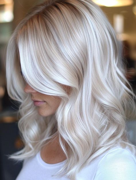 Explore Stunning Platinum Blonde Hair Color Ideas for Every Style Blonde Hair To Grey, Very Blonde Hair Color Ideas, Lowlights For Platinum Hair, Platinum And Silver Hair, Platinum With Shadow Root Short Hair, Blonde Fall Colors, Icy Vanilla Blonde Hair, Winter Ice Blonde Hair, Highlights For Platinum Blonde Hair