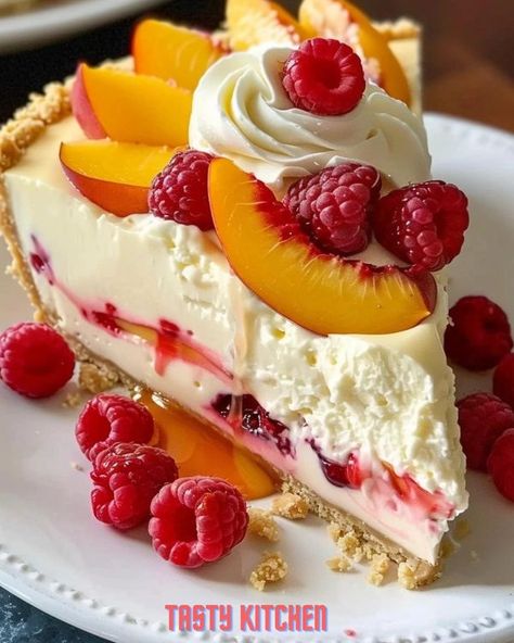 MyTastyKitchen | 🧡❤ Who knew peaches and raspberries could be such a perfect match | Facebook Peach And Raspberry Cheesecake, Peach Raspberry Cheesecake, Peach Tiramisu, No Bake Peach Cheesecake, Peach Raspberry, Chilled Desserts, Baked Peach, Tasty Kitchen, Peach Recipe