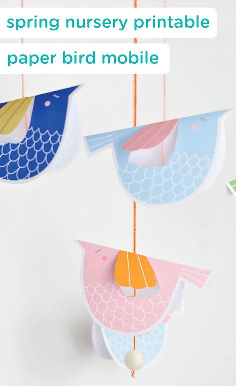 This spring nursery printable paper bird mobile is a simple, pretty and colorful way to add a touch of playfulness to your baby’s nursery. Plus, the décor’s subtle movements and colors may soothe your crying baby or lull them to sleep. Bird Activities, Bird Paper Craft, Kids Party Tables, Origami Mobile, Bird Template, Paper Bird, Paper Mobile, Bird Mobile, Bird Party