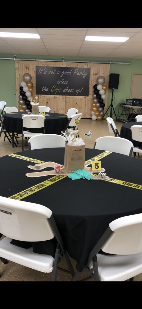 Police party center pieces Sheriff Centerpieces, Deputy Retirement Party Ideas, Fbi Party Decorations, Police Cadet Graduation Party, Police Retirement Party Favors, Fbi Party Ideas, Prison Theme Party Ideas, Police Retirement Party Decorations, Retirement Party Ideas For Police Officers