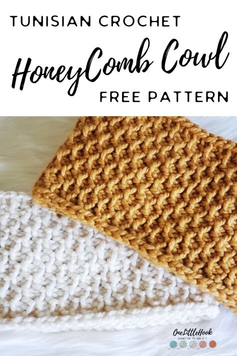 Make this quick and easy Tunisian Crochet Cowl neck warmer with this FREE pattern! The Tunisian Honeycomb stitch is full of gorgeous texture! Tunisian Crochet Cowl, Easy Tunisian Crochet, Tunisian Crochet Blanket, Crochet Cowl Free Pattern, Tunisian Crochet Pattern, Cowl Crochet, Honeycomb Stitch, Tunisian Crochet Patterns, Tunisian Crochet Stitches