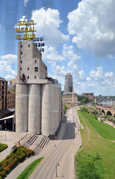 The Gold Medal Flour mill (Mill City Museum) along the banks of the Mississippi River, as seen from the Endless Bridge of the Guthrie Theater.  Guthrie Theater. Minneapolis, Minnesota. Mill City Museum, Minneapolis Photography, Guthrie Theater, Silo House, Mill City, Minnesota Nice, Downtown Minneapolis, Minneapolis St Paul, Minnesota Home