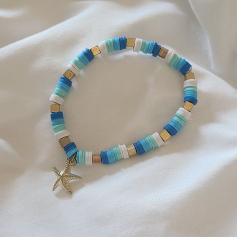 Ocean Theme Clay Beaded Bracelet - stretchy - handmade Surfer Clay Bead Bracelets, Vacation Clay Bead Bracelets, Ocean Themed Clay Bead Bracelets, Themed Beaded Bracelets, Beach Clay Bracelets, Ocean Bracelet Ideas, Clay Bead Inspiration, Clay Bead Ideas Bracelet, Beach Clay Bead Bracelet Idea