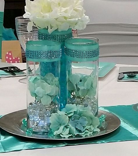 Centerpieces Teal Wedding Centerpieces, Tiffany Blue Centerpieces, Purple Teal Wedding, Teal Centerpieces, Tiffany Blue Party, Tiffany Birthday Party, Turquoise Centerpieces, Tiffany Birthday, Tiffany Theme