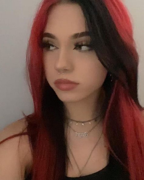 Dyed hair Red hair aesthetic girl pretty Red And Black Hair Face Claim, Girls With Red Hair Dyed, Dyed Red Hair Face Claim, Cherry Red And Blonde Hair, Red Hair With Green Eyes, Girl With Dyed Hair, Dyed Hair Red, Red Hair Women, Hair Aesthetic Girl