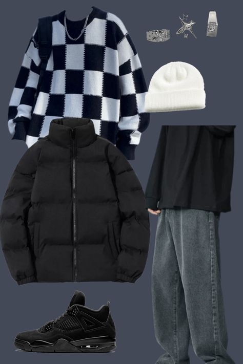 Baggy Jacket Outfit Men, Jordan Style Outfits, Black Jordan 4 Outfit, Outfit Oversize Hombre, Oversized Puffer Jacket Outfit, Black Puffer Outfit, Puffer Jacket Oversized, Outfit With Shoes, Jewelry Streetwear