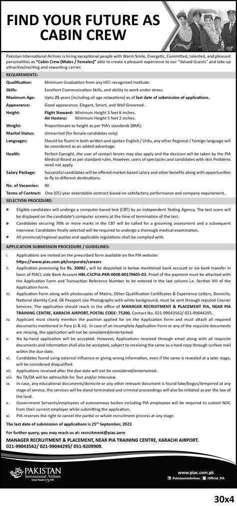 Pakistan International Airlines PIA Cabin Crew Jobs 2023 latest advertisement. This job notification has been published in the Newspaper on September 10, 2023. PIA is looking for extraordinary persons with warm smiles and enthusiastic, devoted, talented, and pleasant personalities as Cabin Crew Males / Females who can provide a pleasant experience for valued passengers and take on attractive/exciting, and lucrative employment. Indigo Airlines, Pakistan International Airlines, Cabin Crew Jobs, Airline Jobs, Airline Cabin Crew, Job Help, Flight Attendant Life, International Airlines, Dream Career