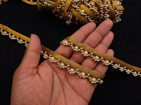 Gold Beaded Lace Indian Beaded Trim Trim Border Lace - Etsy Cloth Accessories, Border Lace, Lace Crafts, Embroidery Blouse Designs, Decorative Trim, Lace Border, Beaded Trim, Beaded Fringe, Floral Applique