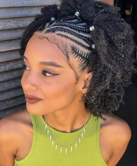 Braids Going To The Back With Curls, Half Afro Half Braids, Wash And Go With Braids, Half Up Half Down With Cornrows, Half Cornrows Half Curls, Cornrows With Curly Hair In Back, Half Cornrows Half Natural Hair, Half Cornrows Natural Hair, Half Braids Half Curls Natural Hair