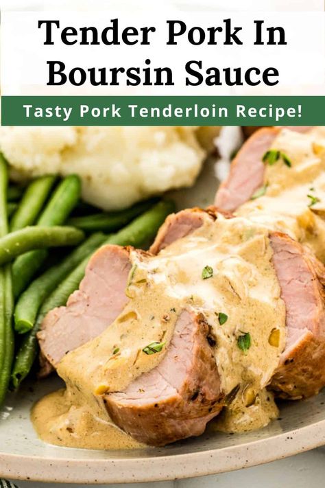 This Boursin Pork Tenderloin Recipe is super moist, tender, and covered in a creamy, decadent sauce! Like all our one pan dinner recipes, it’s made from start to finish in under 30 minutes—all in one pot. The garlic and herb Boursin cheese really takes it to the next level, making sure every bite is packed with rich flavor. Pork Tenderloin Recipes In Oven Easy Simple, Boursin Cheese Pork Chops, Dinner Recipes With Boursin Cheese, Boursin Pork Tenderloin, Boursin Cheese Recipes Dinners, Pork Tenderloin With Pan Sauce, Pork Tenderloin With Boursin, Boursin Pork Chops, Pork Tenderloin With Dijon Cream Sauce