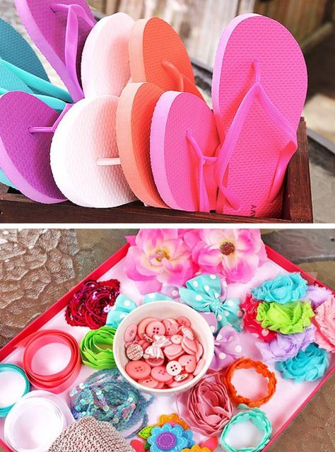 Diy Flip Flops Ideas Ribbon, Flip Flop Crafts For Kids, Flip Flop Decorating Ideas, Diy Flip Flops Ideas, Decorate Flip Flops, Tropical Spa, Campout Party, Ribbon Flip Flops, Homemade Accessories