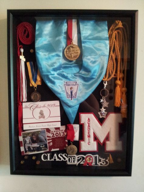 My daughter's high school graduation shadow box. 2013 Included are her National Honor Society stole, Honor cord for blood donation, tassel, International Thespian Society Medal, Summa Cum Laude Medal, graduating with Honors cord, Chorale gift, Academic letter, Top 20 Medal, announcement, invitation to her party and 6 Presidential Awards for Excellence in Education. The banner at the bottom & shadow box came from Michaels Crafts College Graduation Decoration Ideas, Graduation Lay, Graduation Decoration Ideas, Graduation Shadow, Framed Memories, College Graduation Decorations, Michaels Crafts, Senior Table, Shadow Box Graduation