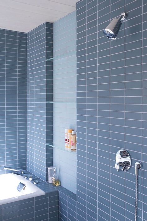 Classic Eichler home in California gets an inspiring update Blue Grout, Renovated Bathrooms, Tile Grout Color, Sunnyvale California, Eichler Homes, Great Bathrooms, Blue Tile, Country Homes, Tile Grout