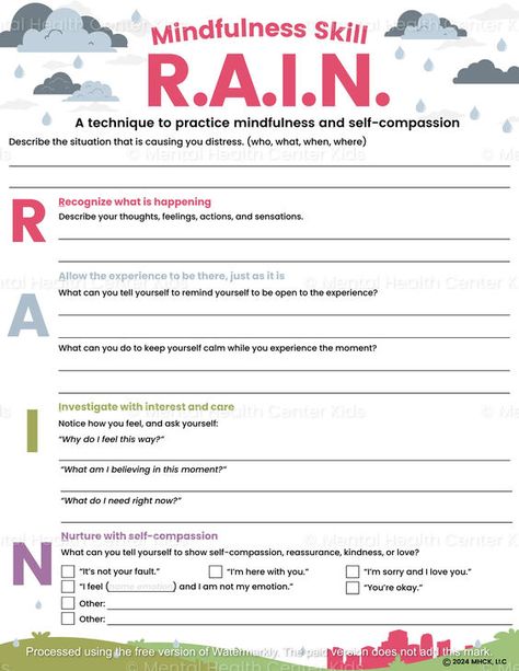 The RAIN technique in Dialectical Behavior Therapy (DBT) is a mindfulness skill that helps kids and teens deal with difficult emotions. Here's a RAIN DBT Skill worksheet that guides them through 4 steps to increase their self-awareness. Download it from our website! #DBTSkills #DBTRain #Mindfulness Talk Therapy Activities, Seeking Safety Worksheets, Dialectical Therapy Activities, Group Therapy Activities With Kids, Dbt Emotional Regulation Worksheet, Dbt Chain Analysis Worksheet, Self Acceptance Activities, Rain Mindfulness, Rain Technique