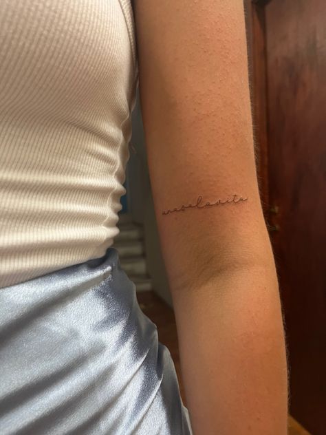 Handwriting Tattoo Placement Arm, Tattoo Ideas Female Italian, Fine Line Tattoo Words Italian, Words Arm Tattoo, Italian Tatoos Woman, Italic Tattoo, Arm Word Tattoo, Script Arm Tattoo, Letter Arm Tattoo