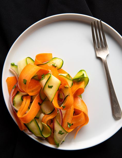 Carrot-Zucchini Ribbon Salad Carrot And Zucchini Salad, Carrot And Zucchini Recipes, Carrot Ribbon Salad, Garden Dinners, Zucchini Ribbon Salad, Carrot Ribbons, Carrots And Zucchini, Marinated Salad, Ribbon Salad