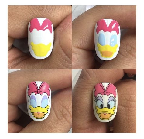 Cartoon On Nails, Cartoon Nails Disney, Character Nail Art Step By Step, Nail Art Cartoon, Face Nail Art, Nails Cartoon, Ladybug Nails, Cartoon Nail Designs, Animal Nail Designs