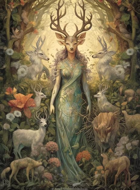 Download this Premium AI-generated image about A painting of a woman in a dress with deers and flowers., and discover more than 60 million professional graphic resources on Freepik Woman With Antlers, Tarot Mucha, Deer Woman, Deer Lady, Deer God, Woman In A Dress, Female Warrior Illustration, Elven Woman, Artemis Goddess