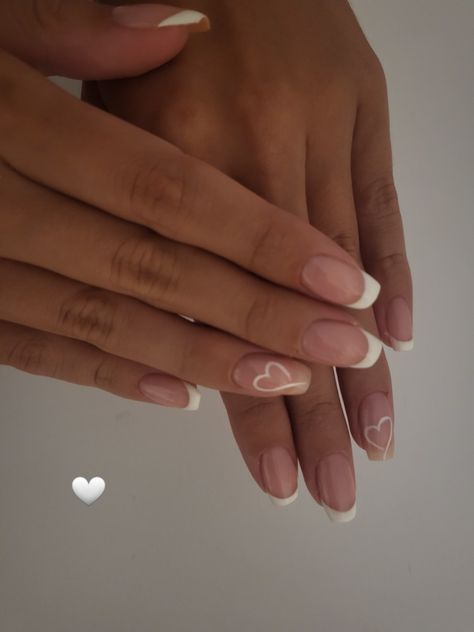 Gel Nails French, Vday Nails, Ring Finger Nails, Heart Nail Designs, February Nails, Simple Gel Nails, Basic Nails, French Tip Acrylic Nails, French Acrylic Nails