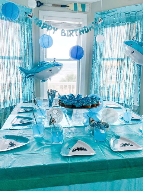 Shades Of Blue Party Decorations, Shades Of Blue Party, Sharks Birthday Party, Underwater Birthday, Shark Week Party, Shark Themed Party, Blue Party Decorations, Ocean Birthday Party, Shark Themed Birthday Party