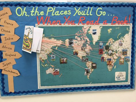 Where In The World Bulletin Board, Explore Bulletin Board, World Map Classroom Display, World Map Bulletin Board, Read Around The World Bulletin Board, Global Bulletin Board Ideas, Traveling Bulletin Board, World Map Bulletin Board Ideas, Reading Around The World Theme