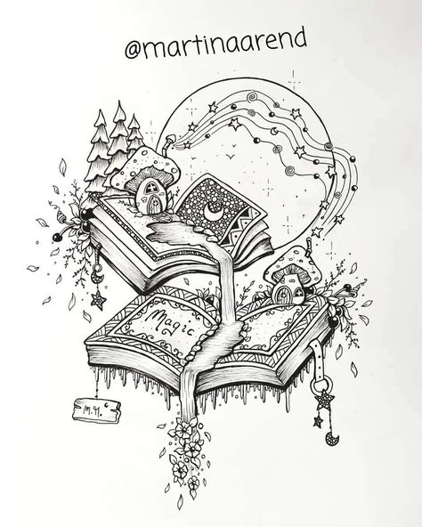 Magic Carpet Tattoo, Fantasy Book Drawing, Magic Book Drawing, Books Drawing Sketches, Magic Drawing Ideas, Tattoos Inspired By Books, Open Book Drawing, Magic Sketch, Bookworm Art