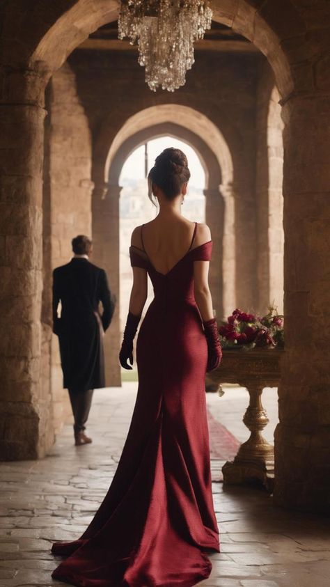 Dark Vintage Romance Aesthetic, Dark Red Gala Dress, Red Fantasy Dress Aesthetic, Dark Red Wedding Aesthetic, Dark Red Dress Outfit, Fantasy Dress Red, Red Dresses Classy Elegant, Dark Red Dress Aesthetic, Red Gown Aesthetic